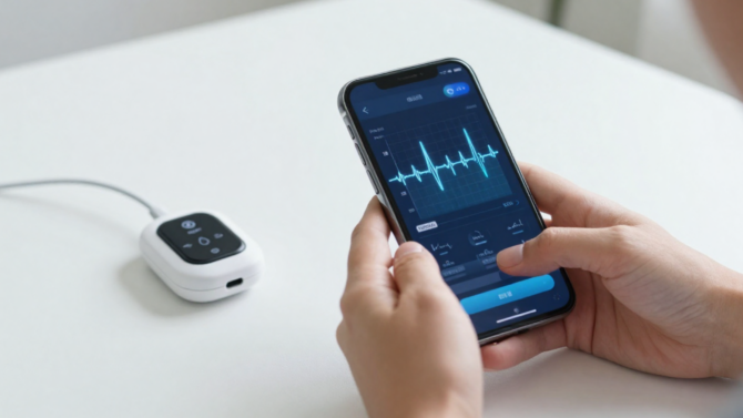 Digitální technologie pro monitorování srdeční aktivity prostřednictvím mobilní aplikace a přenosného zařízení.